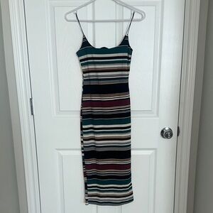 Elegant Striped Midi Dress in Black, Cream, and Green